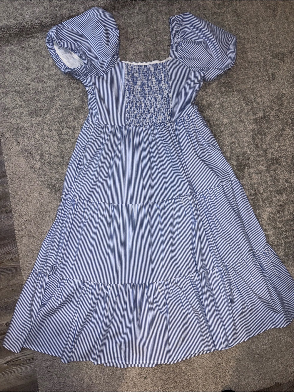 J. Crew Blue and White Striped Smocked Tiered Dress